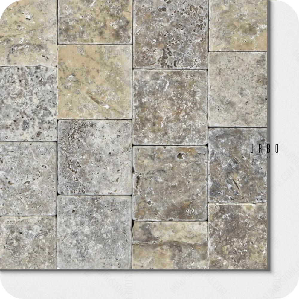Trawertyn Plytki BEZOWE SILVER ASH kostka 10x10 Bebnowany Antykowany komplet rzymski boho japandi farmhouse outlet wyprzedaz producent hurt kamienia Mia Urbo Travertin Travertinas Травертин WHOLESALE (2).webp