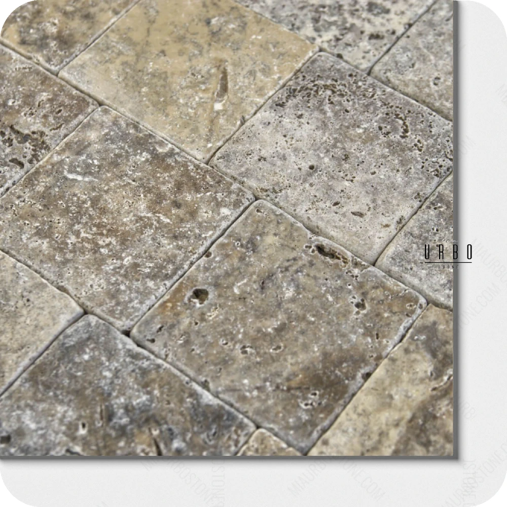 Trawertyn Plytki BEZOWE SILVER ASH kostka 10x10 Bebnowany Antykowany komplet rzymski boho japandi farmhouse outlet wyprzedaz producent hurt kamienia Mia Urbo Travertin Travertinas Травертин WHOLESALE (1).webp