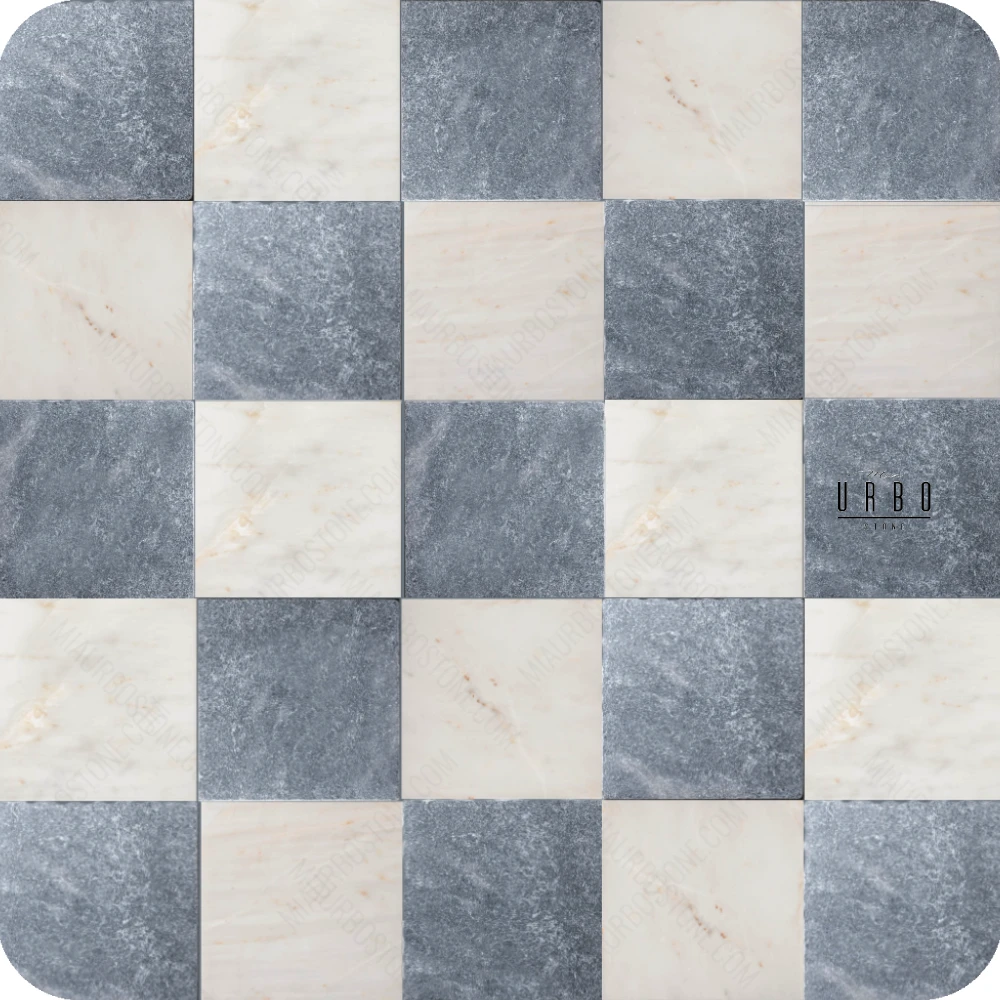 Szachownica marmurowa DiMonterosso 20x20cm Blue Amber Delikatnie Antykowana checquerboard marble flooring Mia Urbo Stone PRZEDSPRZEDAZ Sale hurtownia kamienia.webp