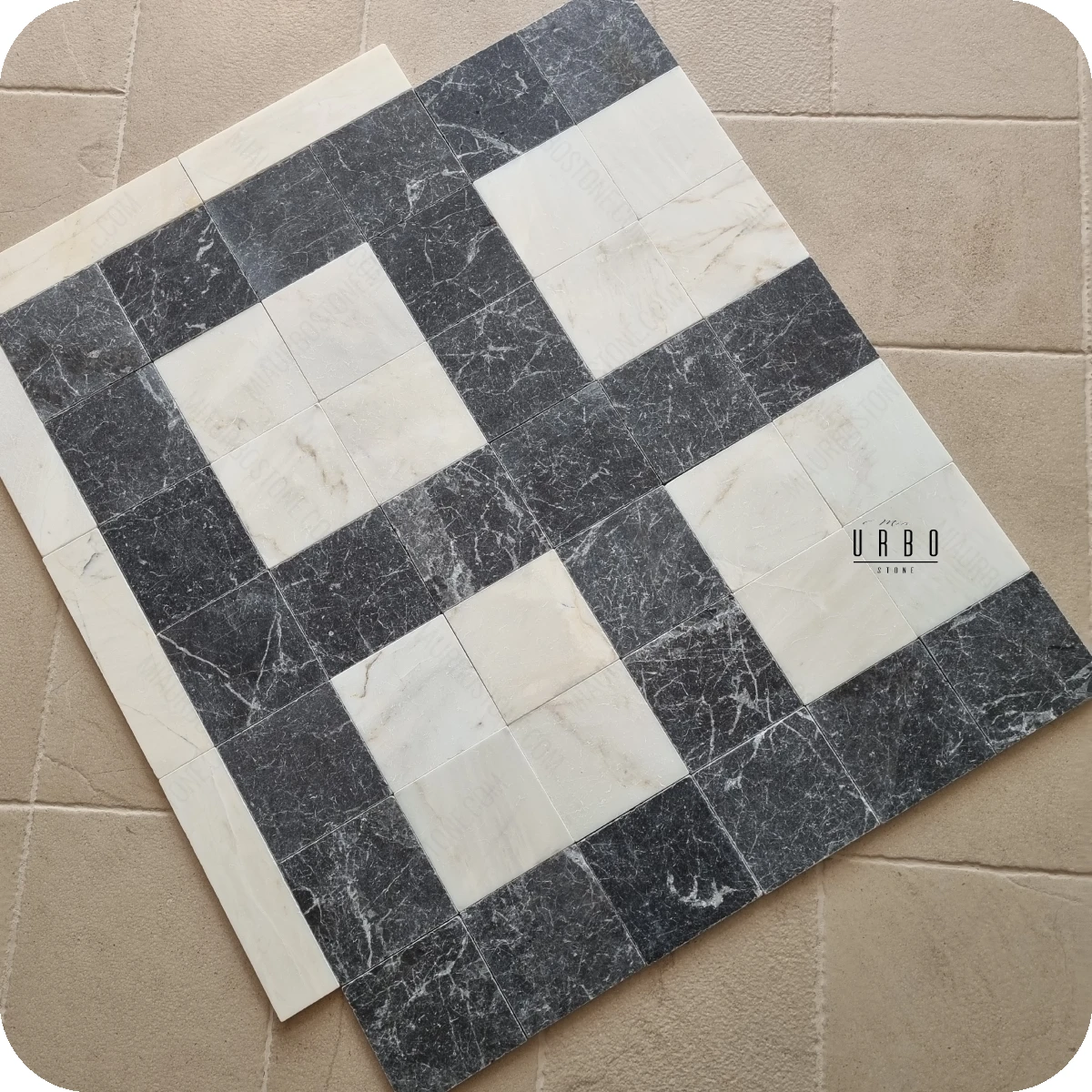 Szachownica marmurowa 30x30 20x20 10x10antykowana retro vintage czarno biala black amber Calacatta hurt kamienia Mia Urbo Stone 3.webp