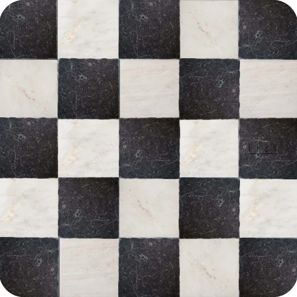 Szachownica marmurowa 20x20 DiMonterosso Black Amber Delikatnie Antykowana checquerboard marble flooring Mia Urbo Stone PRZEDSPRZEDAZ Sale hurtownia kamienia.webp