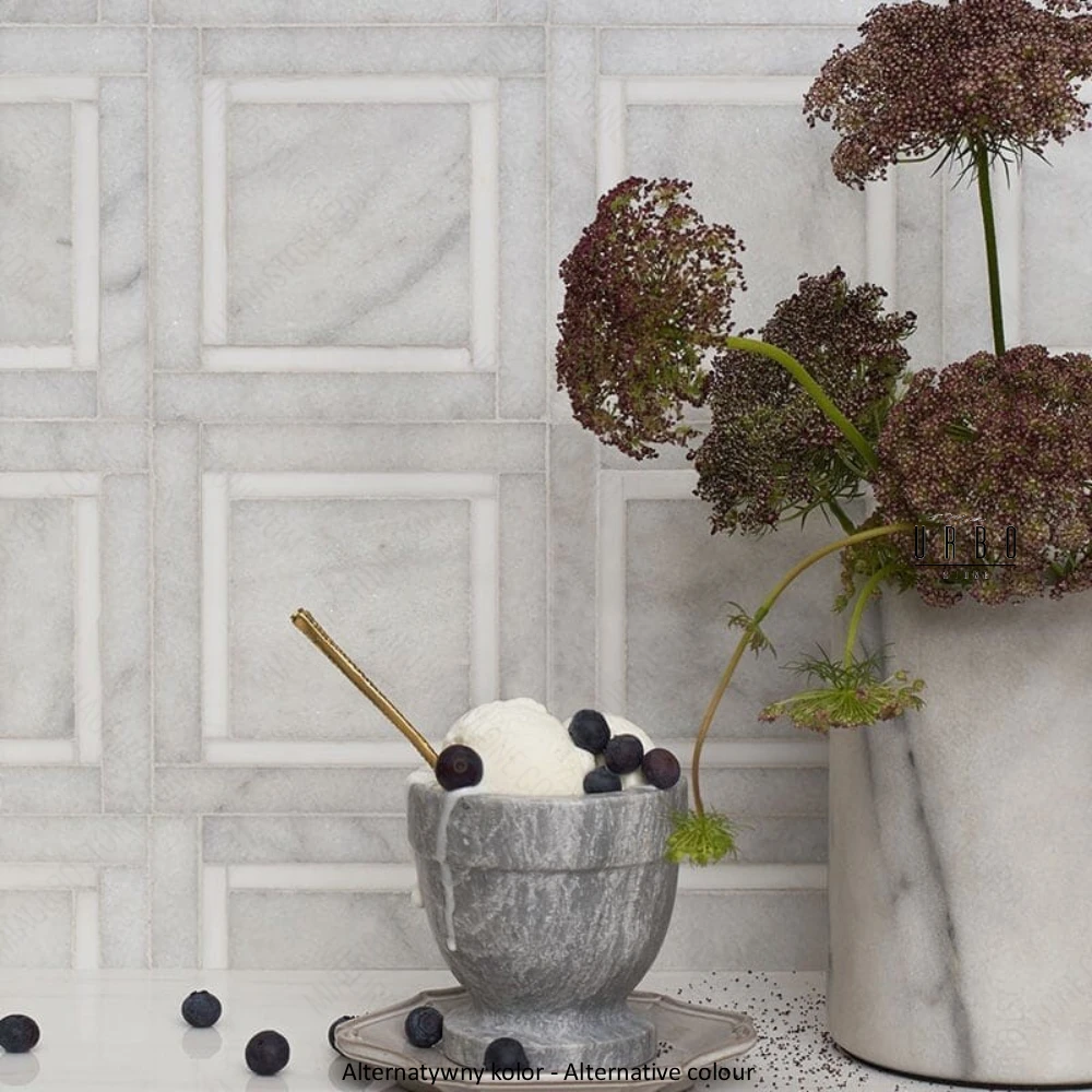 Mozaika marmurowa geometryczna jasna szara do wnetrz premium - luxury Marble mosaic Warsaw Greenwich Squares kwadraty ALT (1).webp