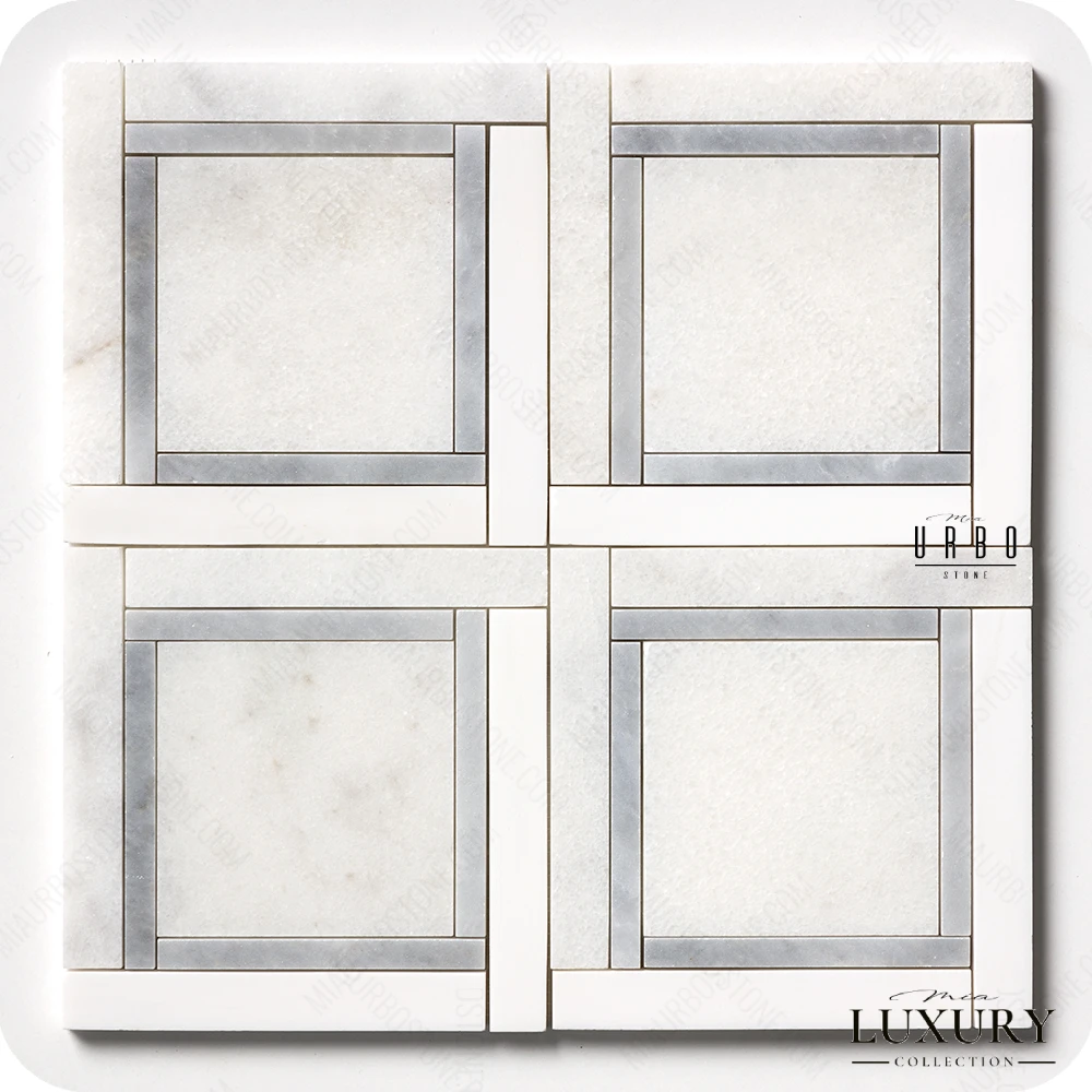 Mozaika marmurowa geometryczna jasna szara do wnetrz premium - luxury Marble mosaic Warsaw Greenwich Squares kwadraty OUTLET (1).webp