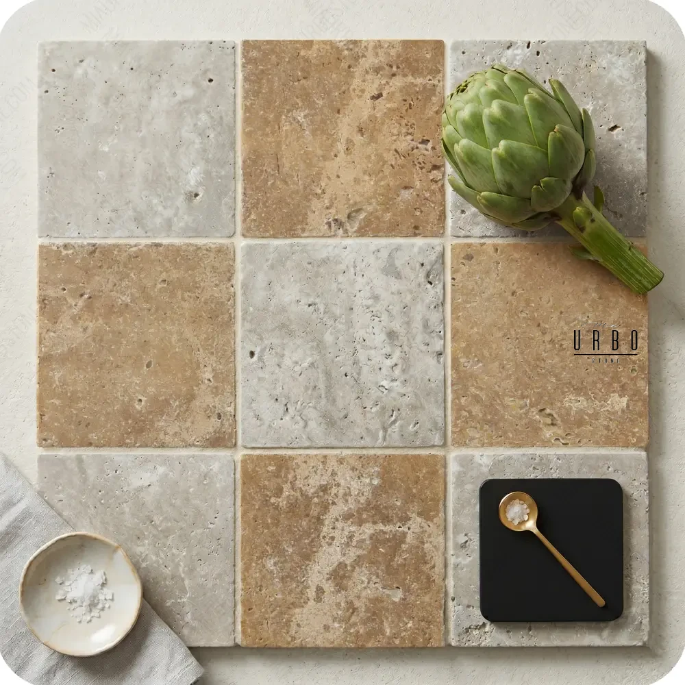 Szachownica trawertyn 20x20 LIGHT&amp;WALNUT Bebnowany antykowany szlifowany producetn tanie plytki trawertynowe hurtownia kamienia Mia Urbo Stone Polska (1).webp