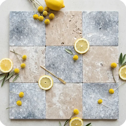 Szachownica trawertyn 20x20 LIGHT SILVER Bebnowany antykowany szlifowany producetn tanie plytki trawertynowe hurtownia kamienia Mia Urbo Stone Polska TRAVERTINE CHECKERBOARD FLIESEN ANTIK.webp